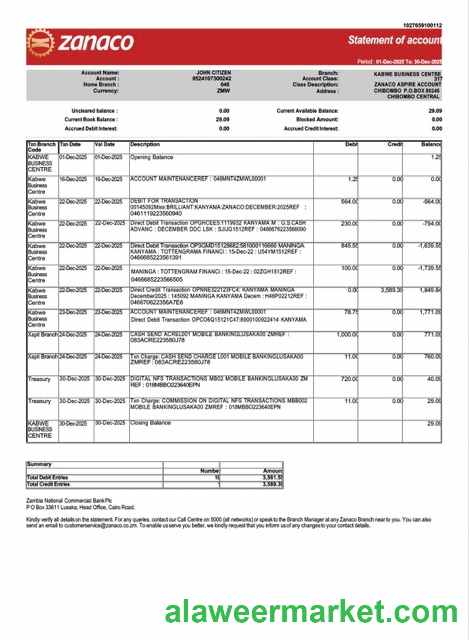 Zambia Zanaco Bank statement of account Word and PDF template